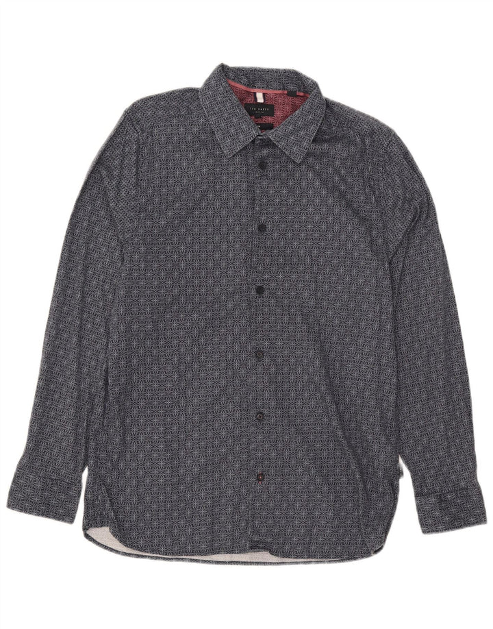 Camisa masculina Ted Baker Slim Fit tamanho 4 grande algodão geométrico azul marinho