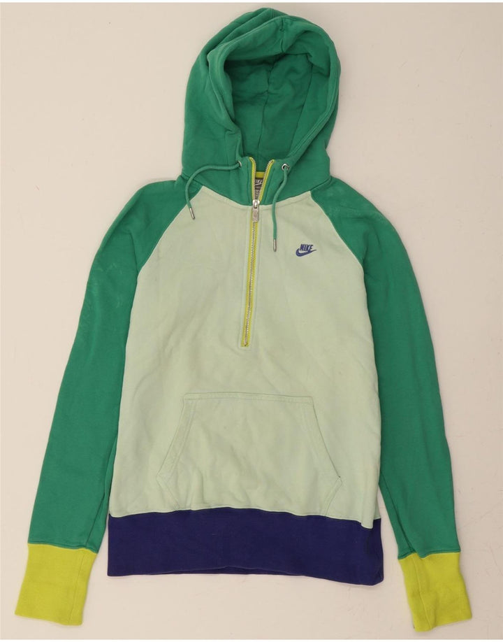 NIKE Womens Zip Neck Hoodie Jumper US 8/10 Medium Green Colourblock Cotton Vintage Nike and Second-Hand Nike from Messina Hembry 