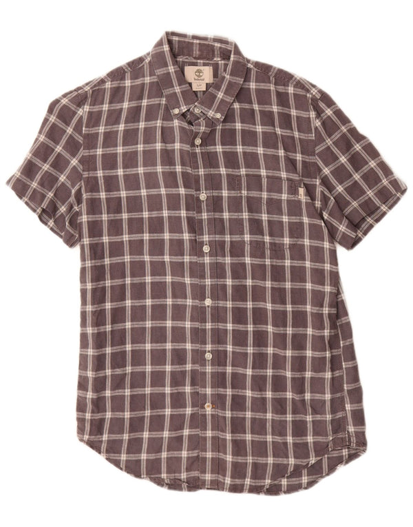 Camisa masculina Timberland manga curta slim fit pequena cinza xadrez linho