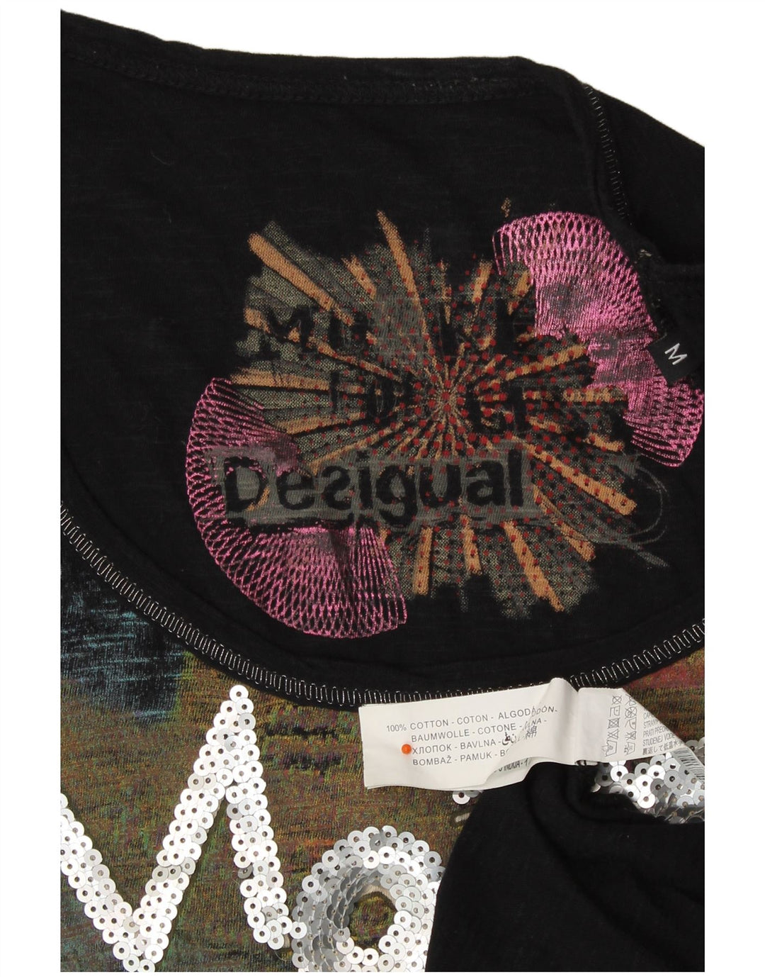 DESIGUAL Top gráfico feminino manga comprida UK 12 médio preto designer