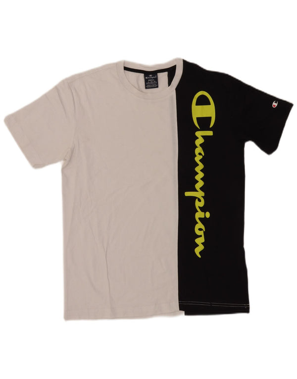 Camiseta masculina com estampa gráfica Champion pequeno algodão colorblock preto