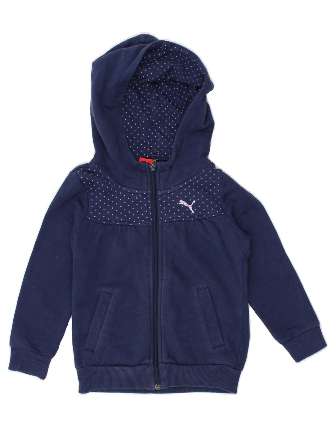 PUMA Girls Zip Hoodie Sweater 5-6 Years Navy Blue Polka Dot Cotton | Vintage Puma | Thrift | Second-Hand Puma | Used Clothing | Messina Hembry 