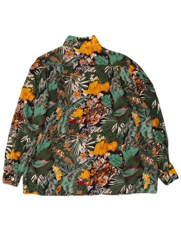 Camisa feminina vintage de manga comprida UK 22 3XL verde floral