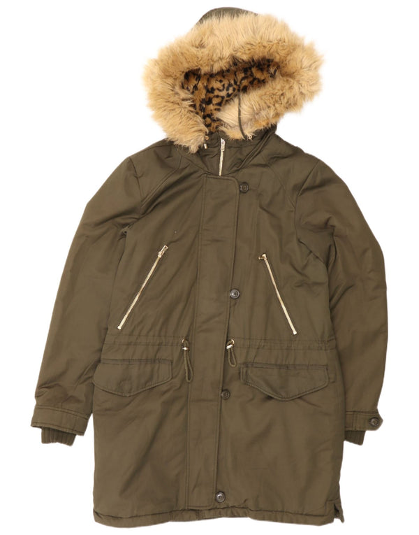 Jaqueta parka feminina com capuz Zara UK 14 poliéster cáqui médio