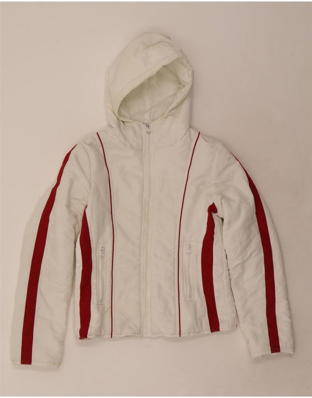 Jaqueta feminina acolchoada com capuz Karma UK 10 poliéster branco pequeno Colourblock