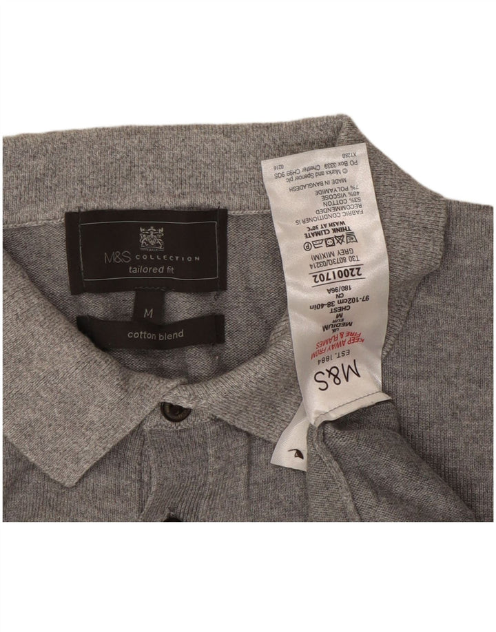 Suéter masculino Marks & Spencer com gola polo sob medida cinza médio