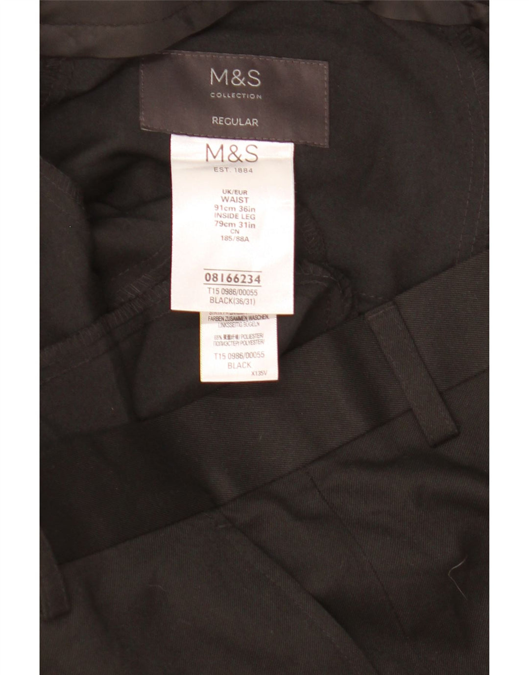 Calça masculina de terno regular Marks & Spencer W36 L25 poliéster preto