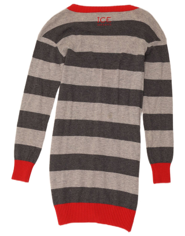 Suéter cardigã feminino Iceberg Longline Reino Unido 10 lã listrada cinza pequena