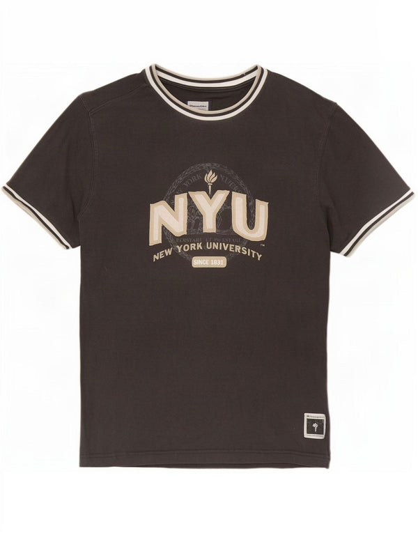 Camiseta masculina Champion New York University com estampa gráfica pequena de algodão cinza