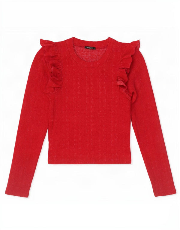 Zara Womens Crop Ruffle Front Top Manga Longa Reino Unido 8 Pequeno Vermelho