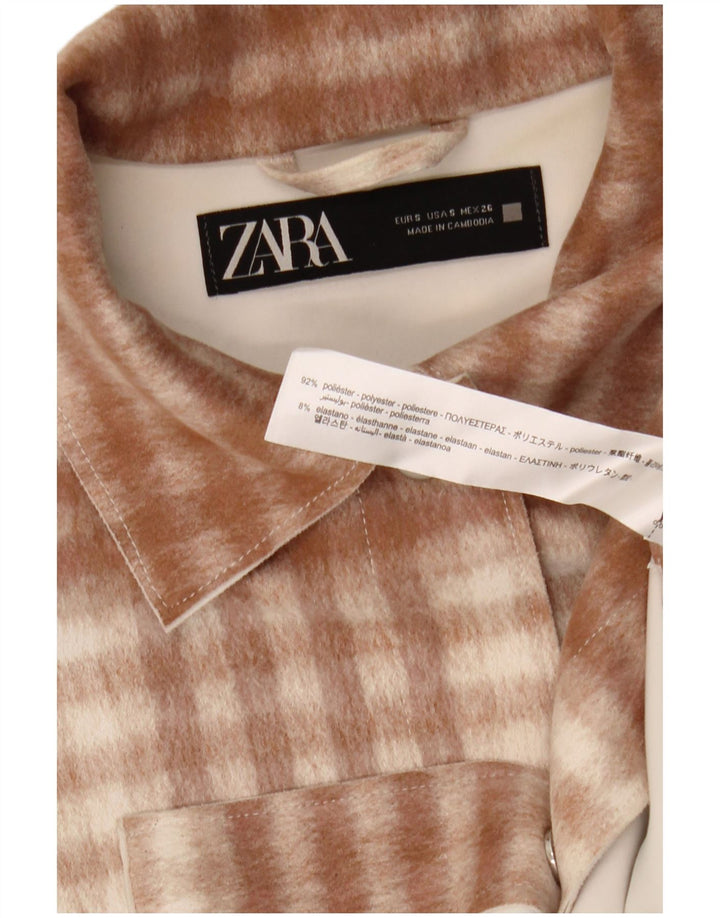Camisa feminina de flanela grande Zara Reino Unido 10 poliéster xadrez marrom pequeno