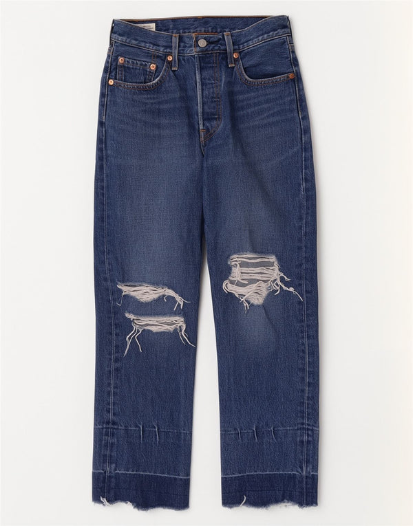 Calça jeans feminina Levi's 501 Distressed Straight W25 L26 azul marinho algodão