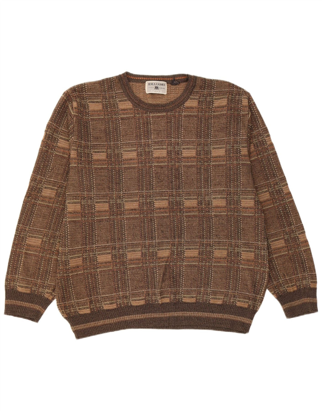 Suéter vintage masculino com gola redonda, grande xadrez marrom