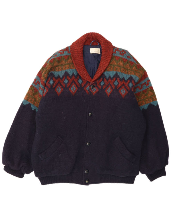 Jaqueta bomber masculina de malha solta Alafoss Reino Unido 42 XL azul marinho lã geométrica