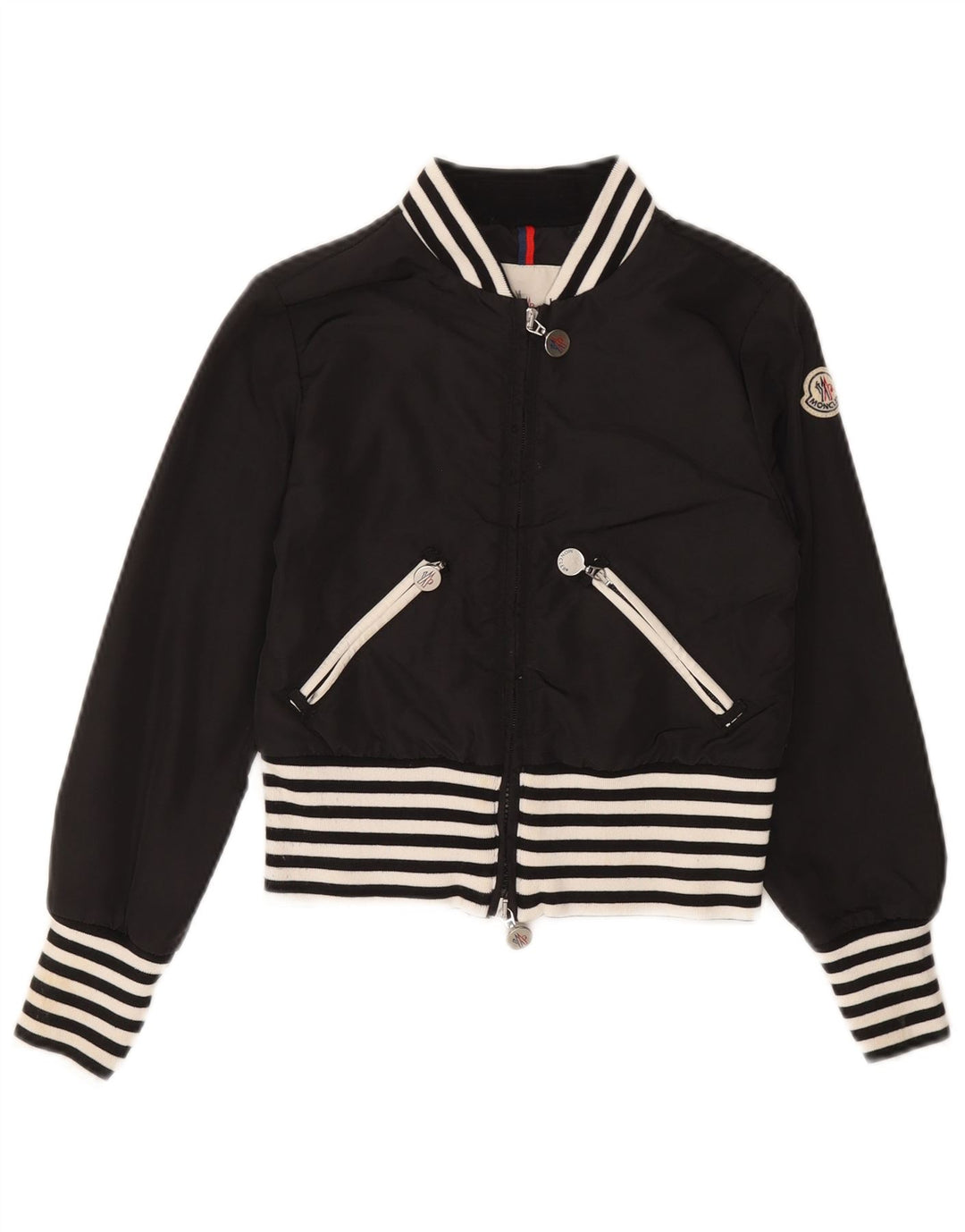 Moncler Jaqueta Bomber Feminina Crop 9-10 Anos Poliamida Listrada Preta