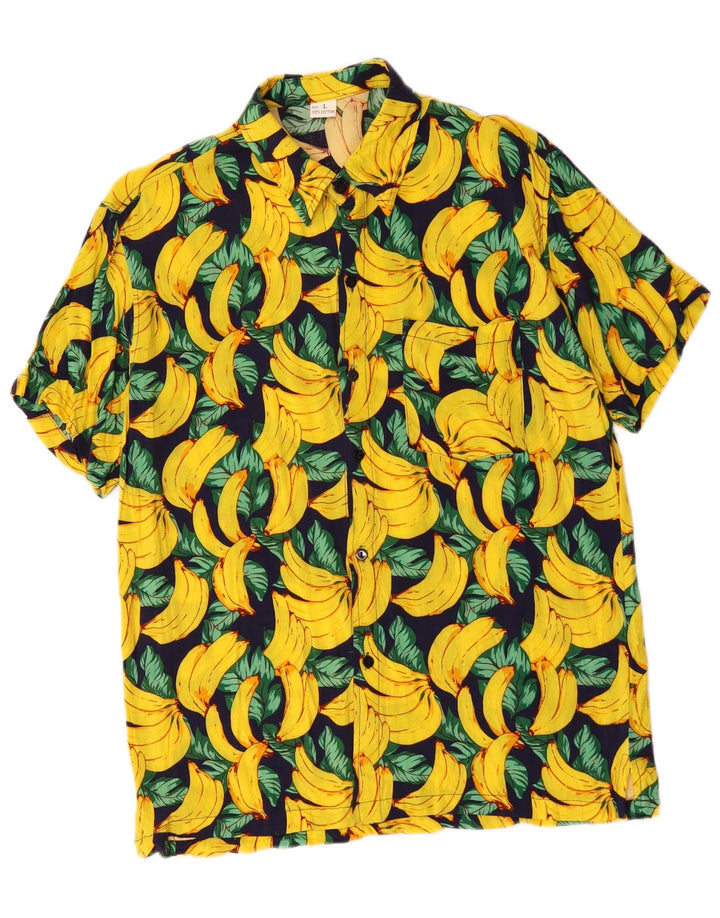 Vintage masculino abstrato Padrão manga curta Camisa grande algodão amarelo