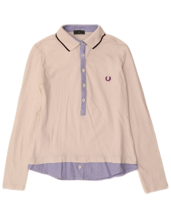 Camisa polo feminina de manga comprida Fred Perry Reino Unido 12 bloco colorido branco médio