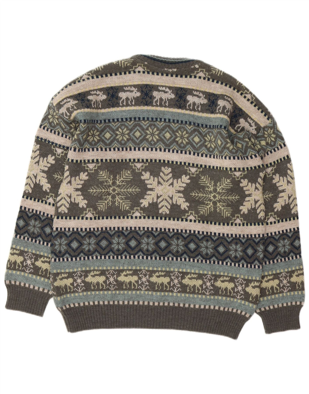 Suéter masculino Liberti com gola redonda, cinza médio, lã Fair Isle