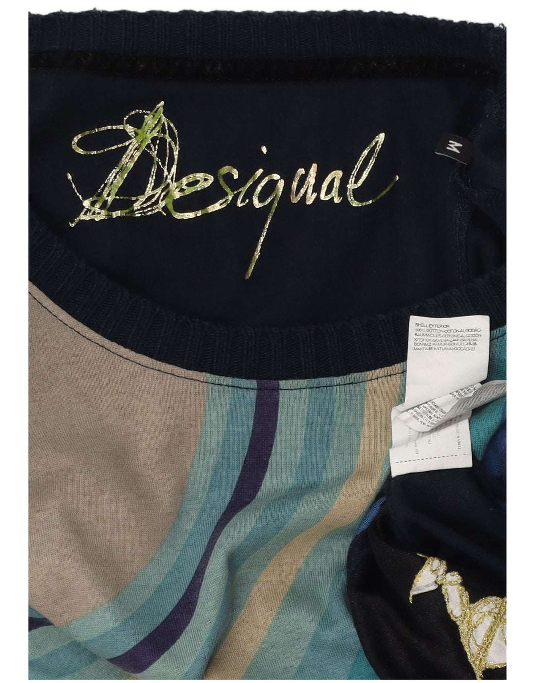 DESIGUAL Top gráfico feminino manga comprida Reino Unido 12 algodão listrado azul médio