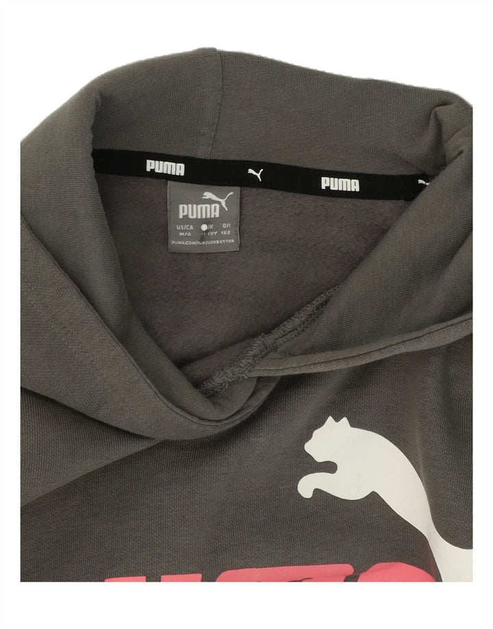 PUMA Girls Oversized Crop Graphic Hoodie Jumper 11-12 Years Grey Cotton Vintage Puma and Second-Hand Puma from Messina Hembry 