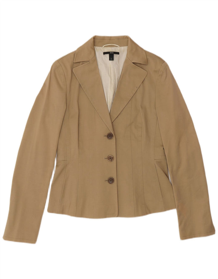 Jaqueta blazer feminina Hugo Boss com 3 botões Reino Unido 10 pequeno algodão bege clássico