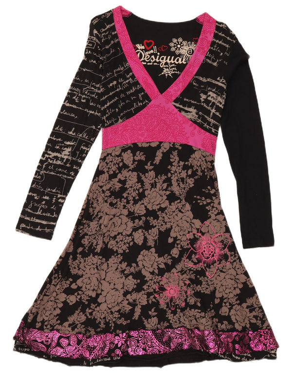 DESIGUAL Vestido feminino estampado de manga comprida evasê UK 12 médio preto floral