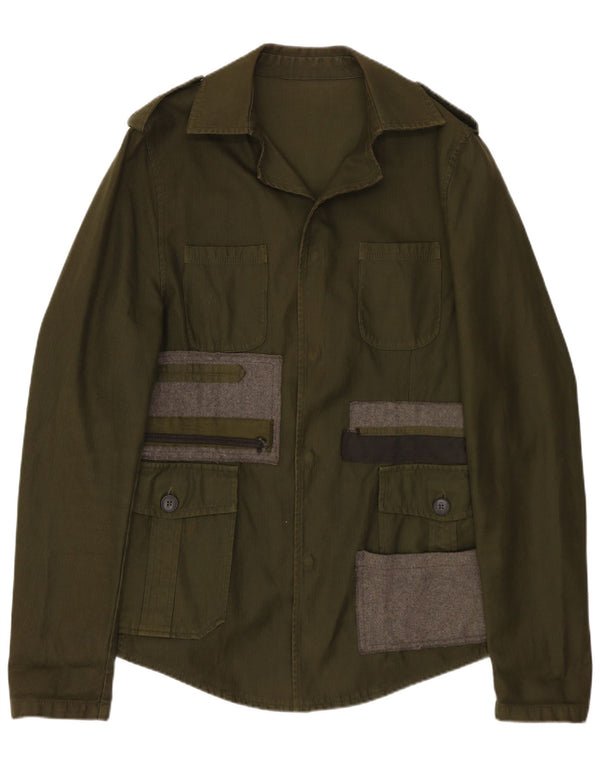 Jaqueta utilitária militar masculina vintage IT 48 algodão colorblock cáqui médio