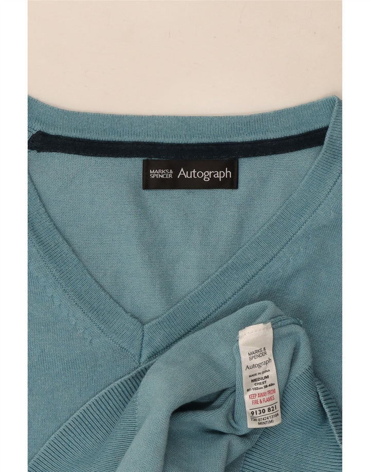 Suéter masculino Marks & Spencer Autograph com decote em V de algodão azul médio