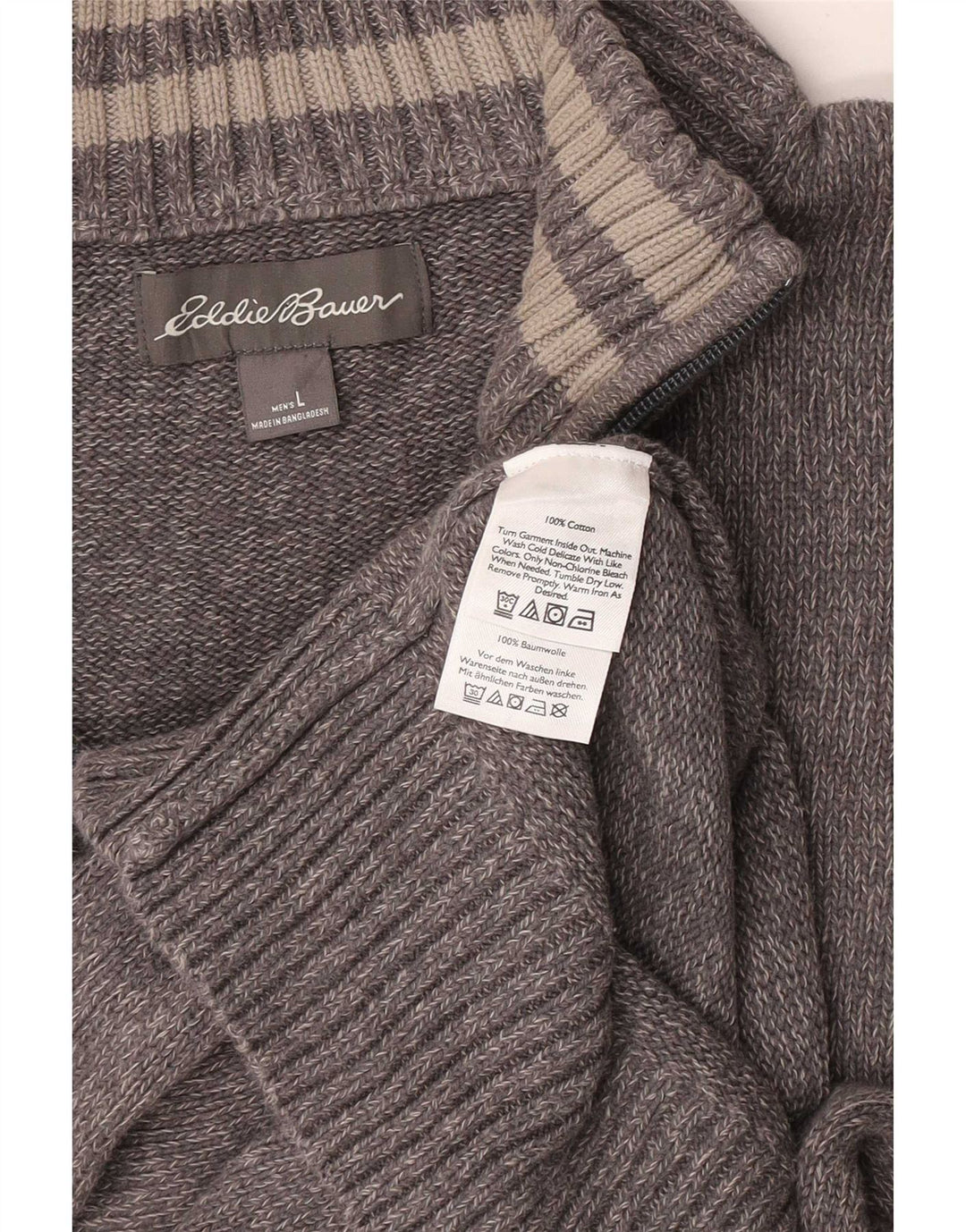 Suéter masculino Eddie Bauer com zíper e gola grande de algodão manchado cinza