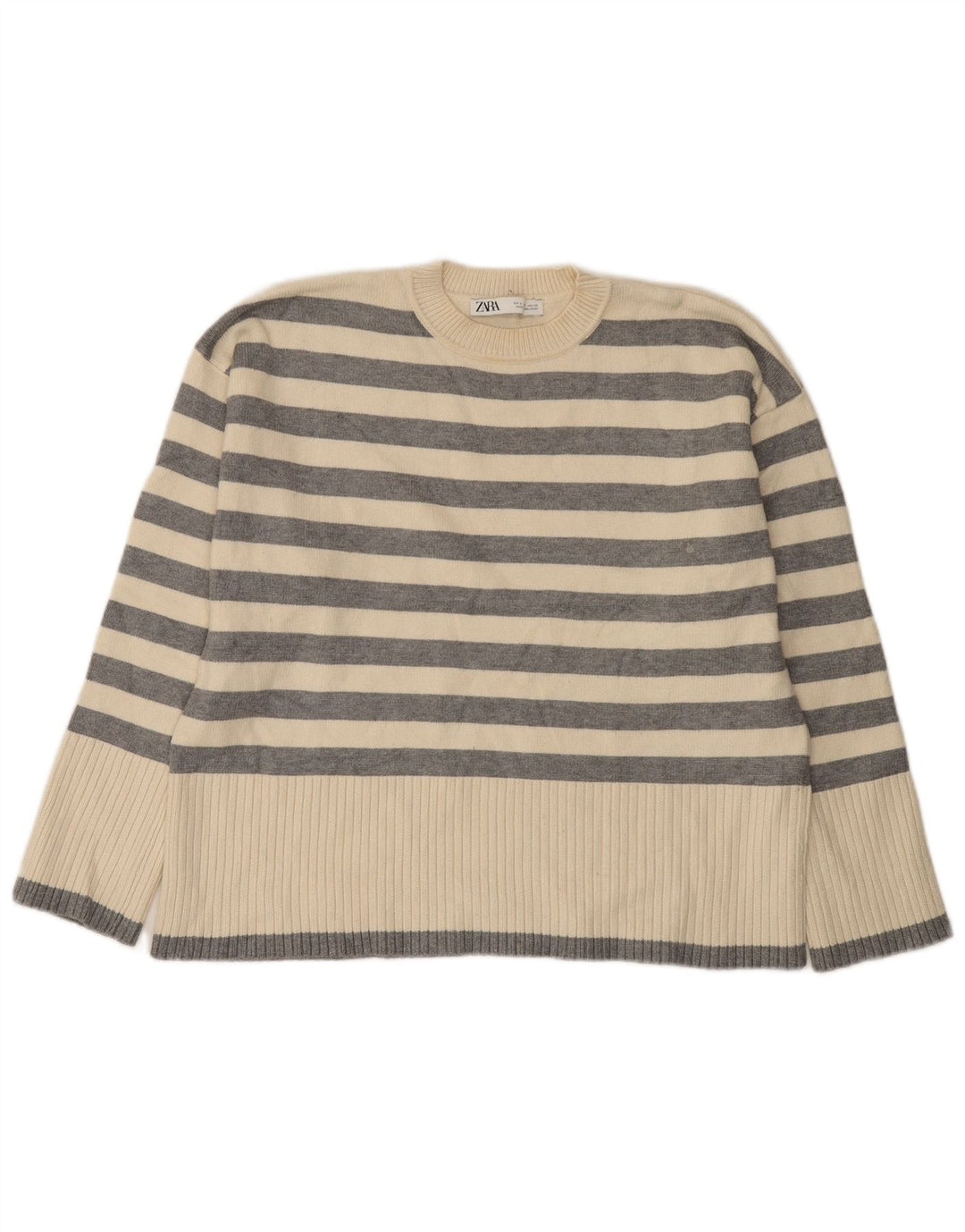 Suéter feminino Zara com gola redonda grande e listrado branco pequeno Reino Unido 10