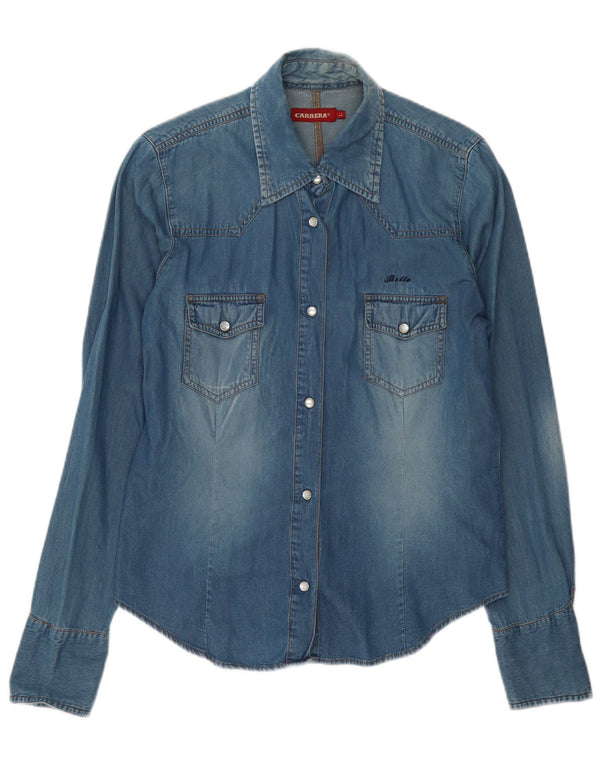 Camisa jeans feminina Carrera UK 16 grande algodão azul