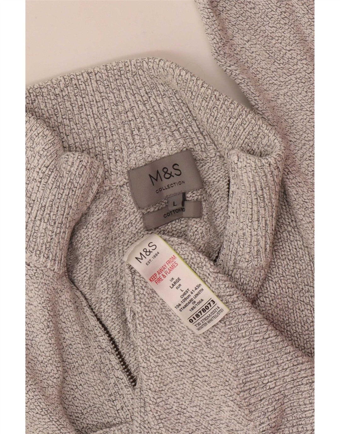 Suéter masculino Marks & Spencer com zíper e gola grande de algodão manchado branco