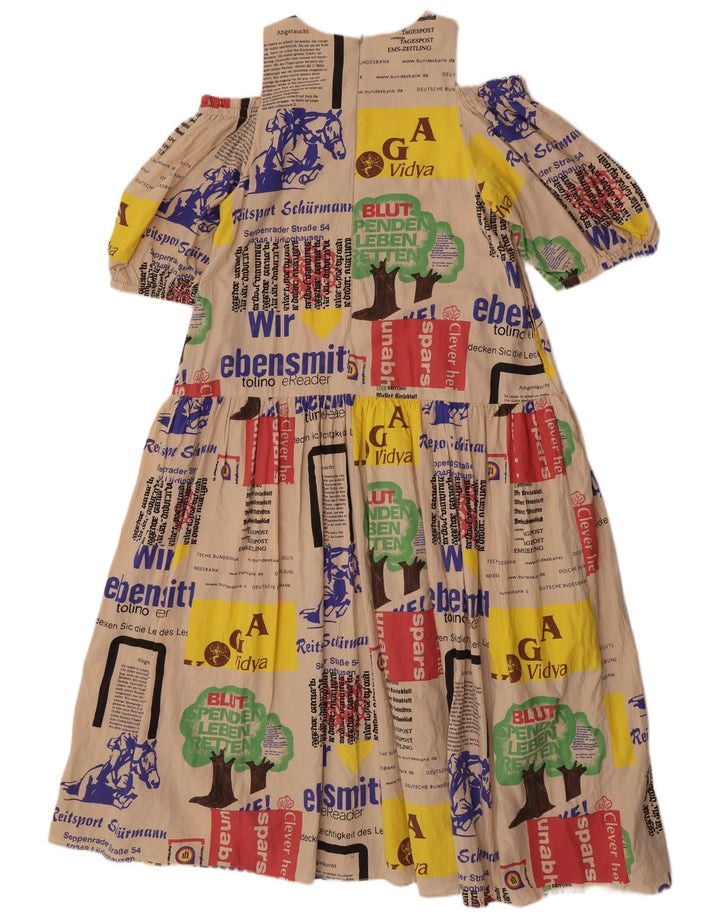 Vestido vintage feminino estampado com ombro de fora Reino Unido 14 médio bege