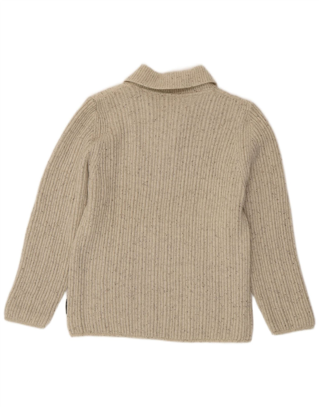 Suéter feminino vintage com gola xale EU 40 médio esbranquiçado manchado