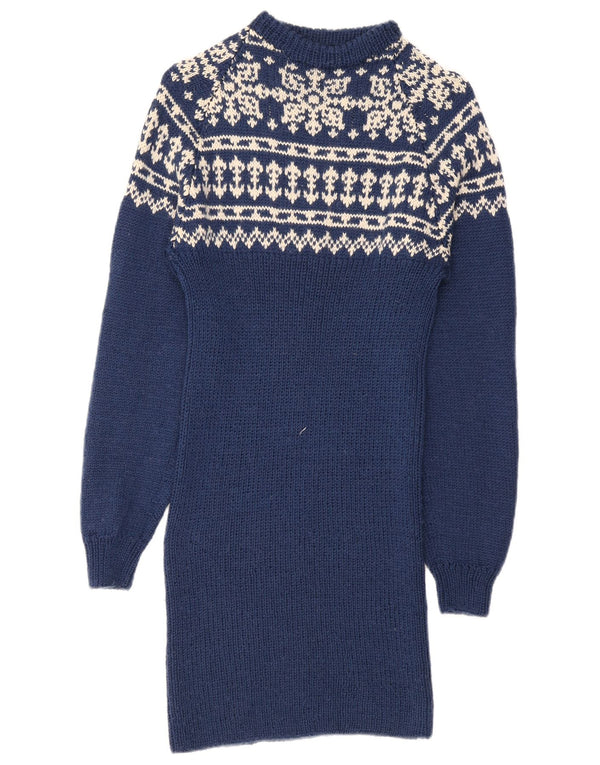 Vestido feminino vintage de manga comprida UK 10 pequeno azul Fair Isle