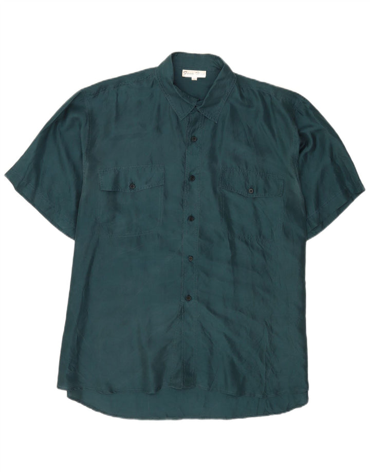 Camisa masculina vintage de manga curta grande seda verde