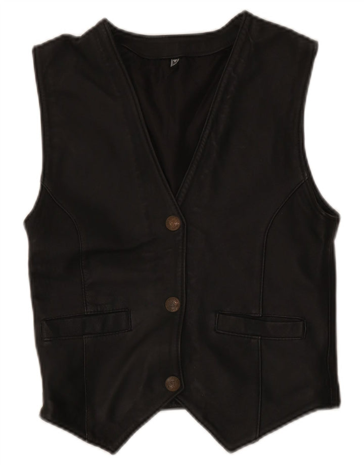 Colete de couro feminino vintage UK 12 médio preto