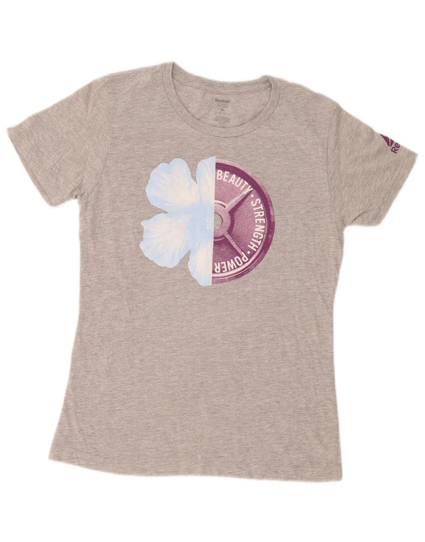 Camiseta feminina reebok gráfica top uk 12 algodão manchado cinza médio