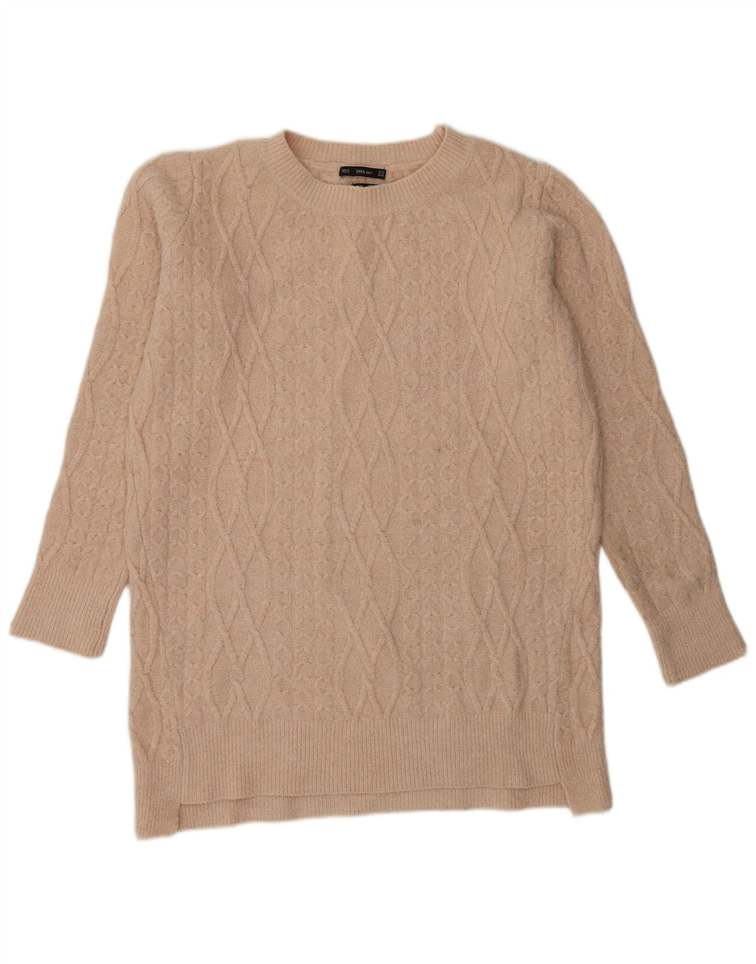 Suéter feminino Zara Longline com gola redonda Reino Unido 14 Médio Bege