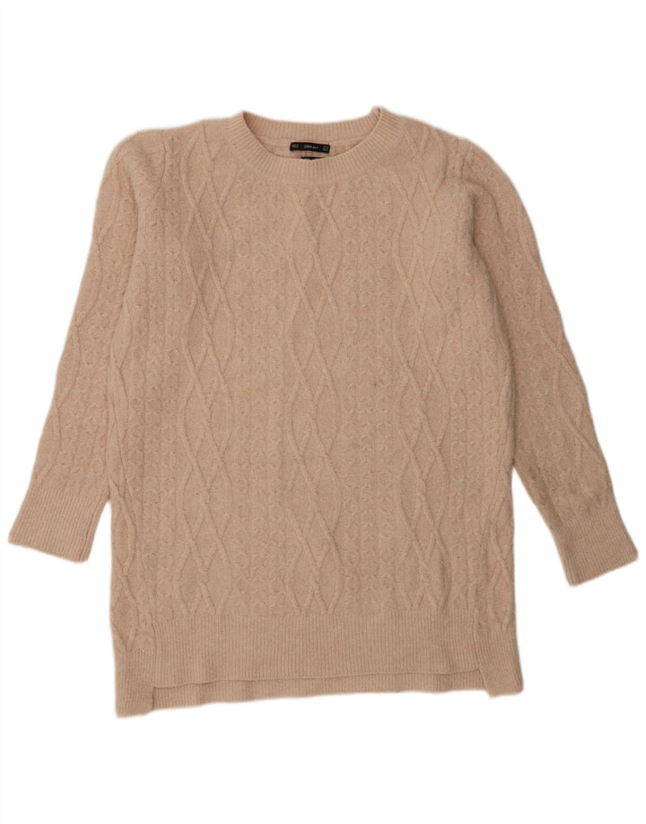 Suéter feminino Zara Longline com gola redonda Reino Unido 14 Médio Bege