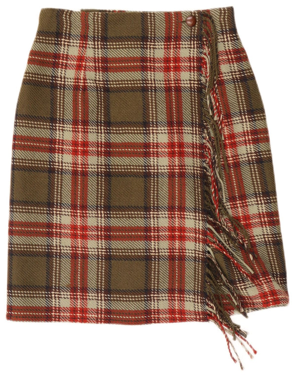 Daniel Hechter Womens Wrap Skirt UK 10 Small W27  Khaki Plaid Wool