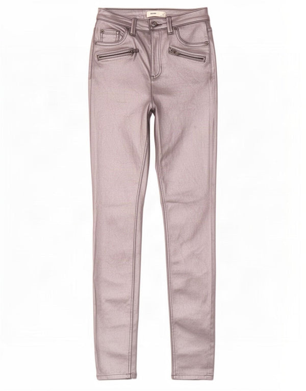 Calça feminina de couro sintético Marks & Spencer Reino Unido 8 pequena W24 L30 prata