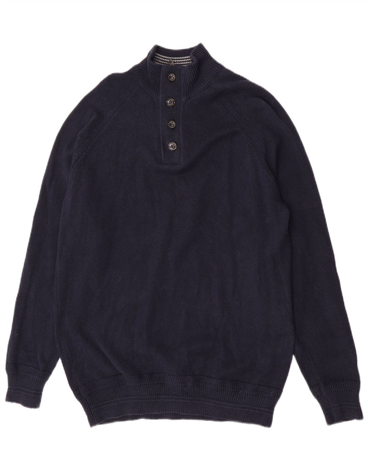 Suéter masculino Marks & Spencer com gola redonda e botão azul marinho médio