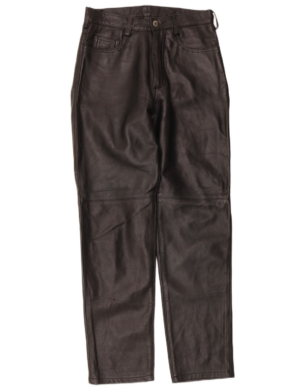 Calças de couro retas femininas vintage UK 14 grandes W30 L30 pretas