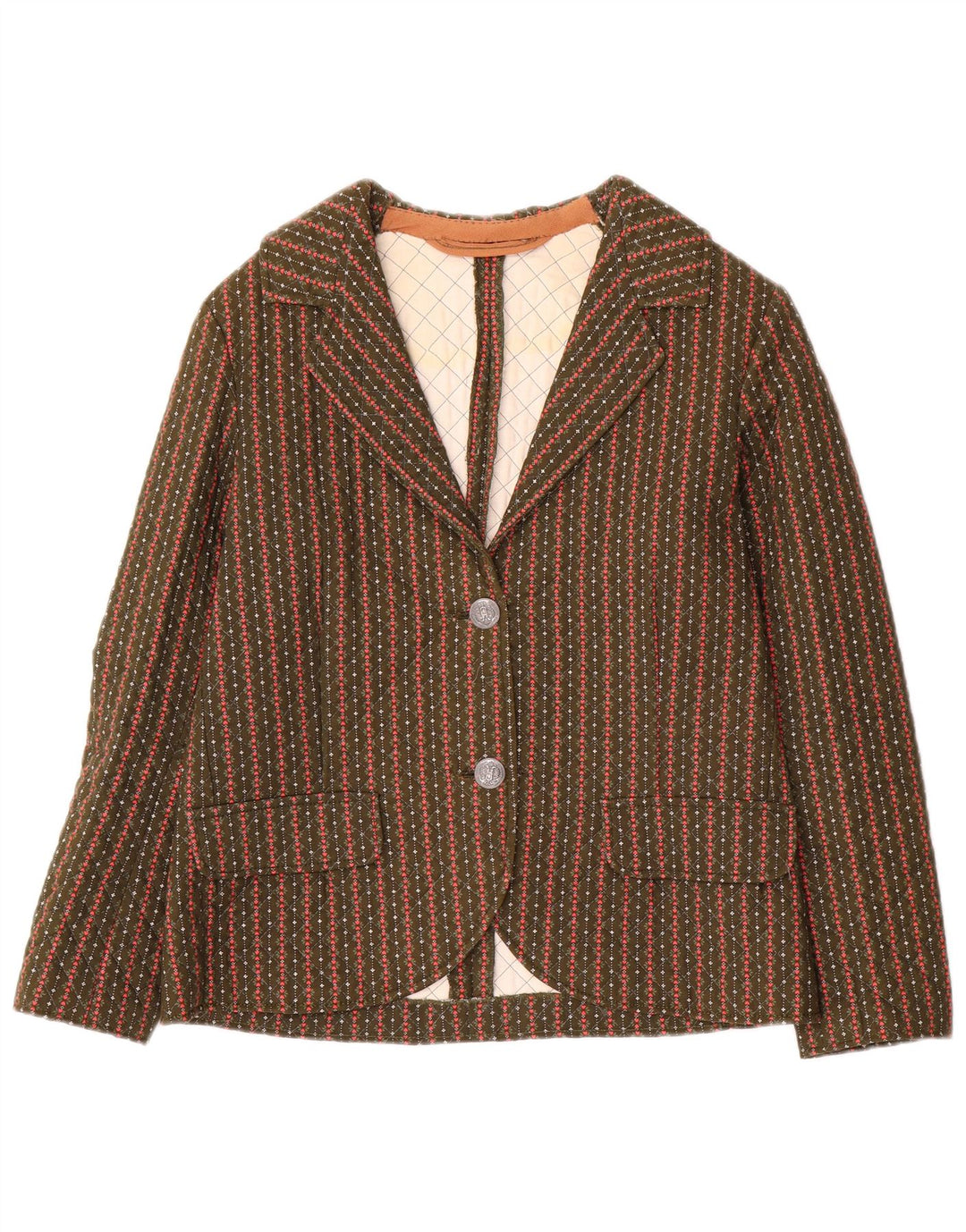Jaqueta blazer feminina vintage com 2 botões UK 8 pequena listrada cáqui