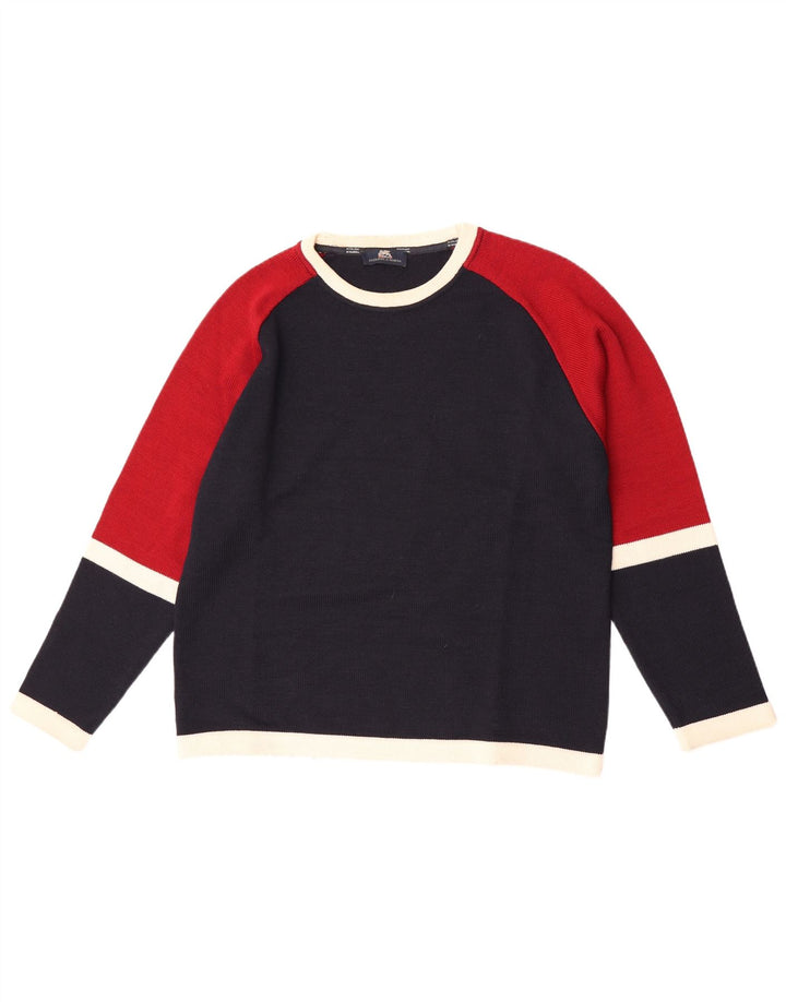 Suéter vintage masculino com gola redonda, pequeno, azul marinho, lã colorblock