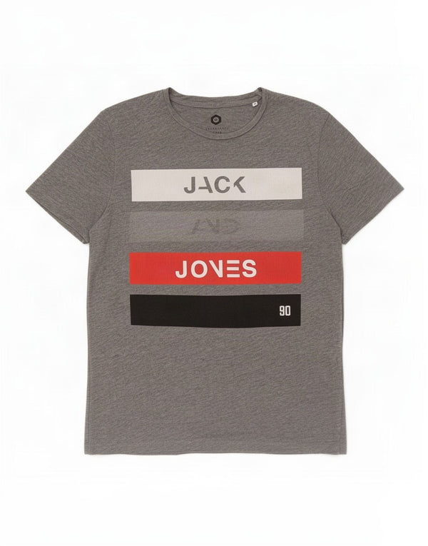 Camiseta masculina gráfica Jack & Jones Top cinza médio algodão colorblock