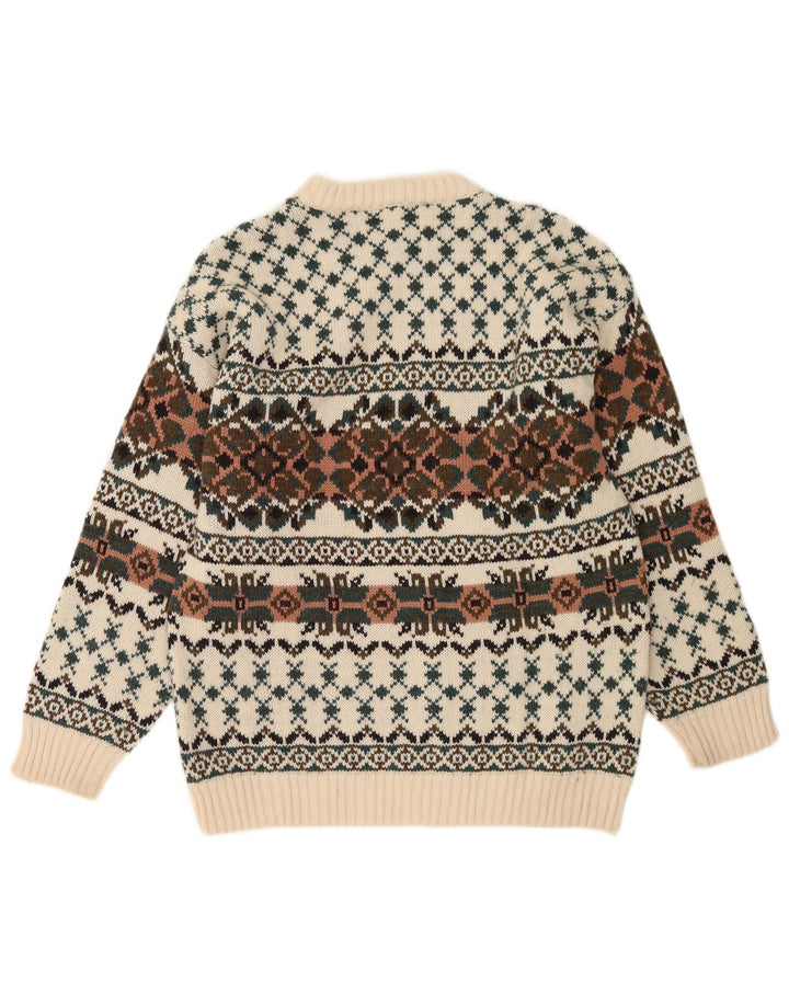 Suéter vintage masculino com gola redonda IT 50 médio branco lã Fair Isle