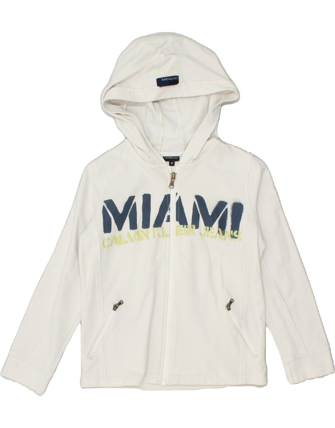 CALVIN KLEIN Boys Graphic Zip Hoodie Sweater 7-8 Years White Cotton Vintage Calvin Klein and Second-Hand Calvin Klein from Messina Hembry 