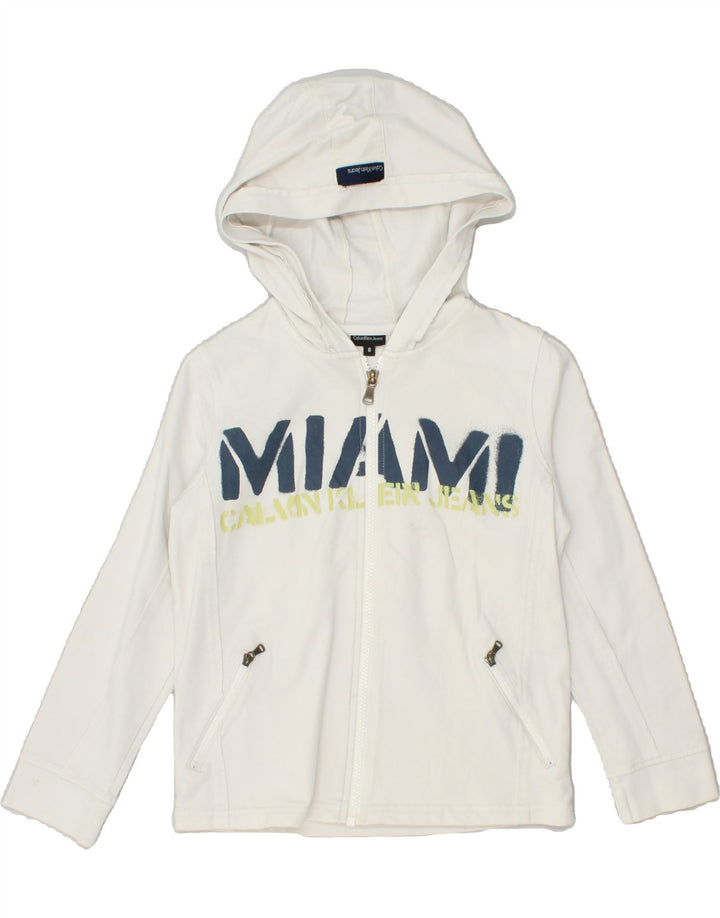 CALVIN KLEIN Boys Graphic Zip Hoodie Sweater 7-8 Years White Cotton Vintage Calvin Klein and Second-Hand Calvin Klein from Messina Hembry 